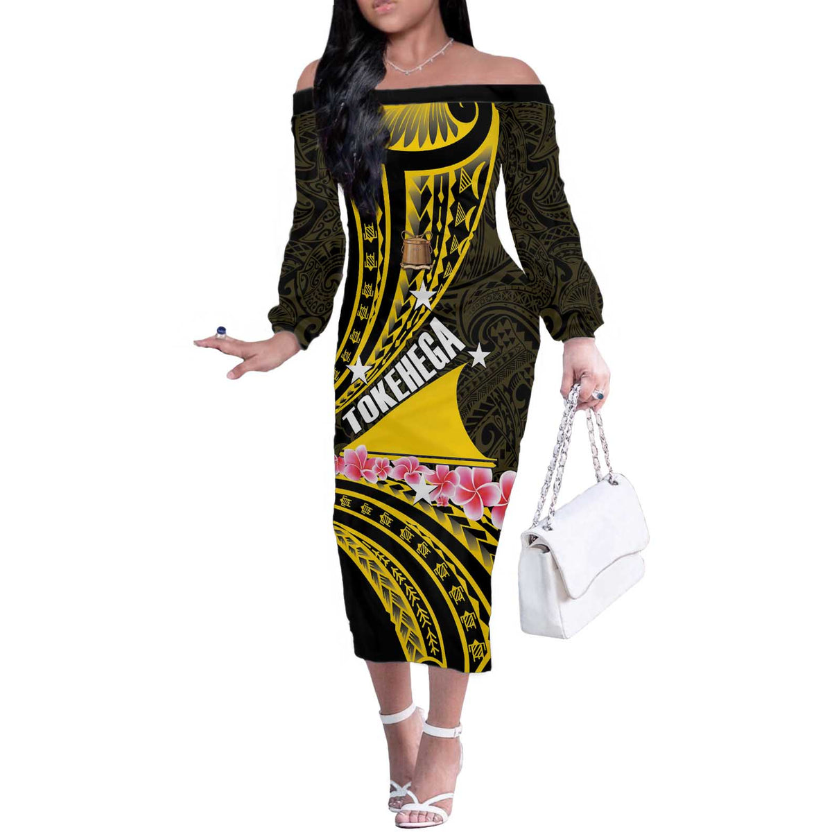 Personalised Tokelau Tokehega Day Off The Shoulder Long Sleeve Dress Tokelauan Tatau Black Color LT14 Women Black - Polynesian Pride