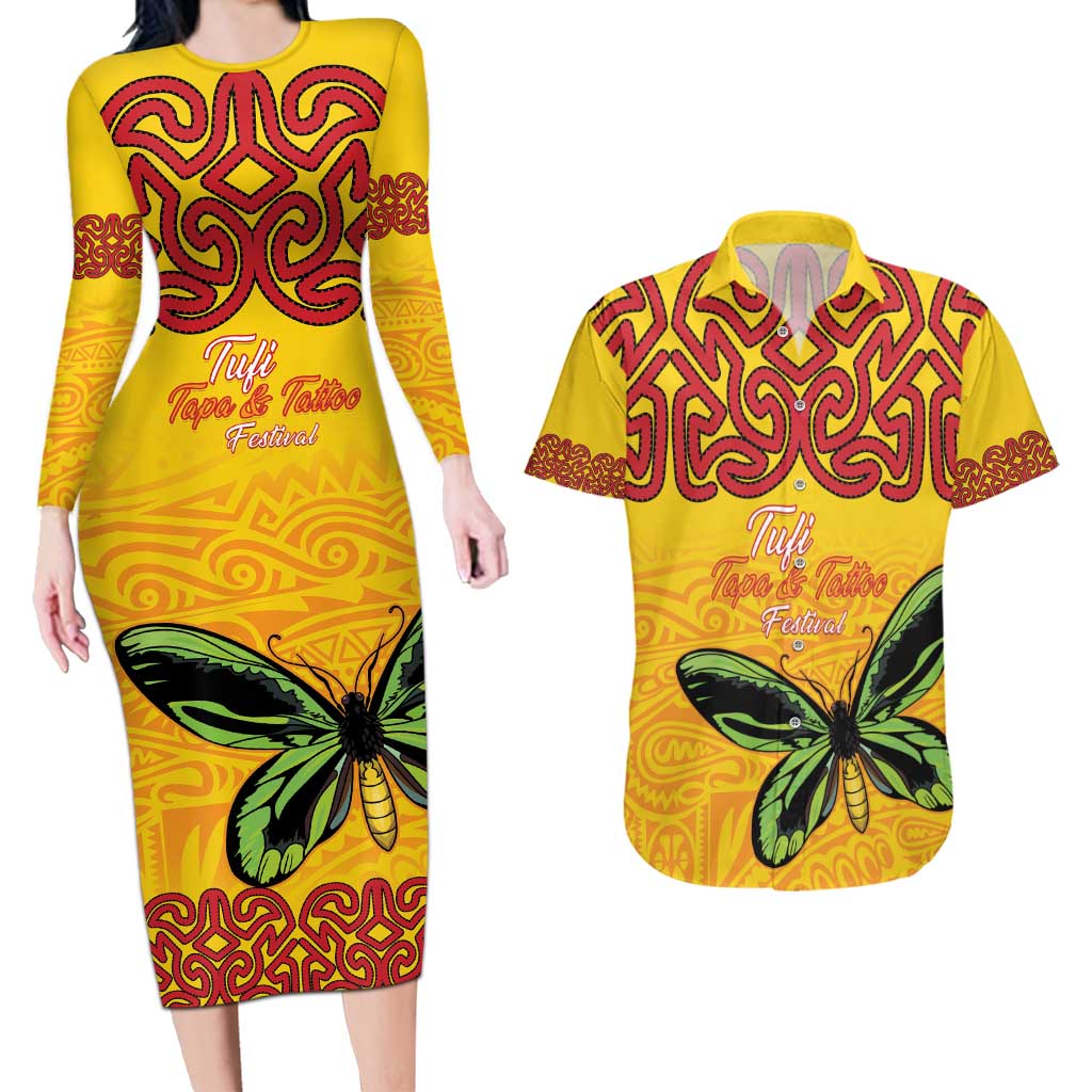 Personalised Tufi Tapa and Tattoo Festival Couples Matching Long Sleeve Bodycon Dress and Hawaiian Shirt PNG Oro Butterfly Tapa Pattern LT14 Yellow - Polynesian Pride