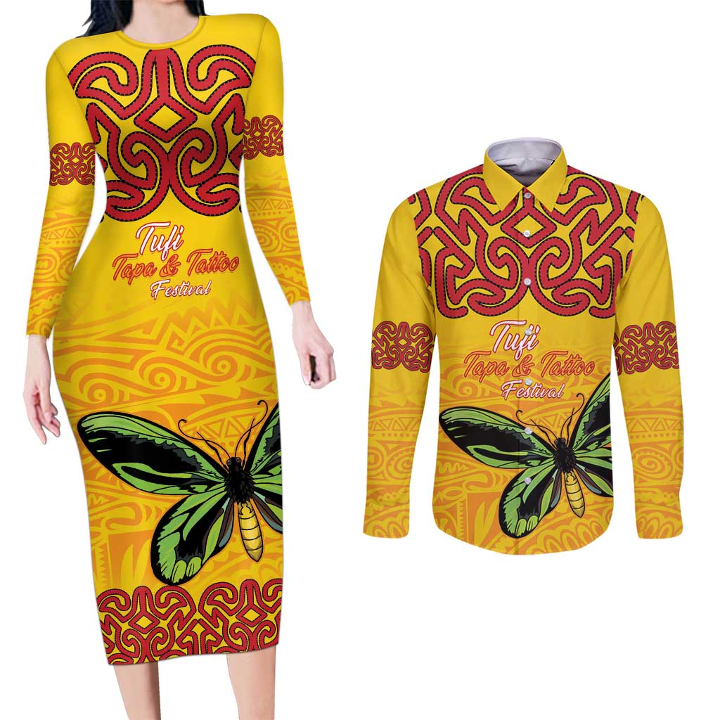 Personalised Tufi Tapa and Tattoo Festival Couples Matching Long Sleeve Bodycon Dress and Long Sleeve Button Shirt PNG Oro Butterfly Tapa Pattern LT14 Yellow - Polynesian Pride