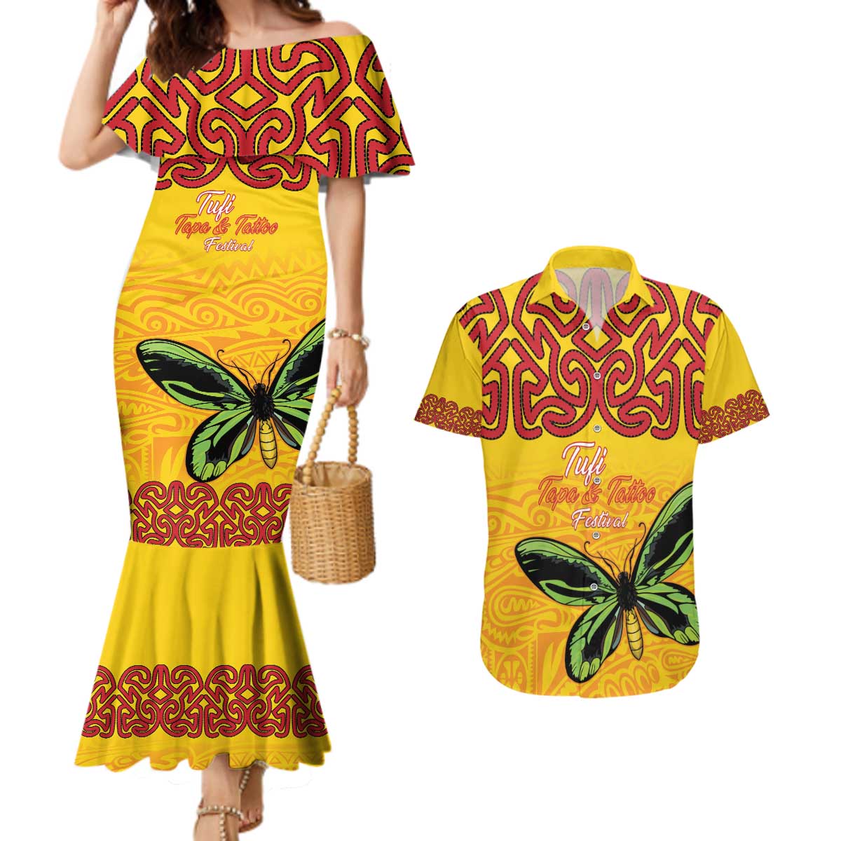 Personalised Tufi Tapa and Tattoo Festival Couples Matching Mermaid Dress and Hawaiian Shirt PNG Oro Butterfly Tapa Pattern LT14 Yellow - Polynesian Pride