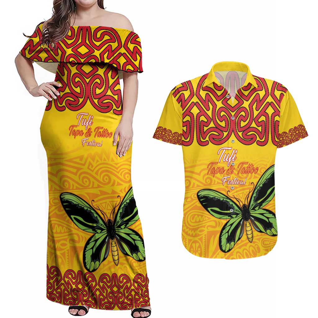 Personalised Tufi Tapa and Tattoo Festival Couples Matching Off Shoulder Maxi Dress and Hawaiian Shirt PNG Oro Butterfly Tapa Pattern LT14 Yellow - Polynesian Pride