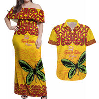 Personalised Tufi Tapa and Tattoo Festival Couples Matching Off Shoulder Maxi Dress and Hawaiian Shirt PNG Oro Butterfly Tapa Pattern LT14 Yellow - Polynesian Pride