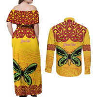 Personalised Tufi Tapa and Tattoo Festival Couples Matching Off Shoulder Maxi Dress and Long Sleeve Button Shirt PNG Oro Butterfly Tapa Pattern LT14 - Polynesian Pride