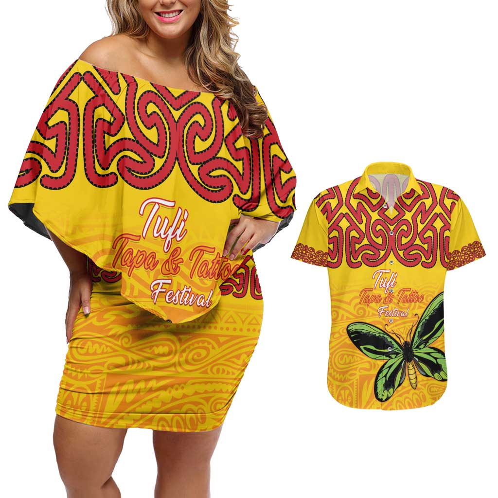 Personalised Tufi Tapa and Tattoo Festival Couples Matching Off Shoulder Short Dress and Hawaiian Shirt PNG Oro Butterfly Tapa Pattern LT14 Yellow - Polynesian Pride