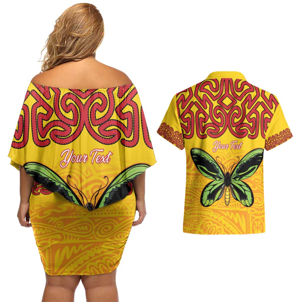Personalised Tufi Tapa and Tattoo Festival Couples Matching Off Shoulder Short Dress and Hawaiian Shirt PNG Oro Butterfly Tapa Pattern LT14 - Polynesian Pride