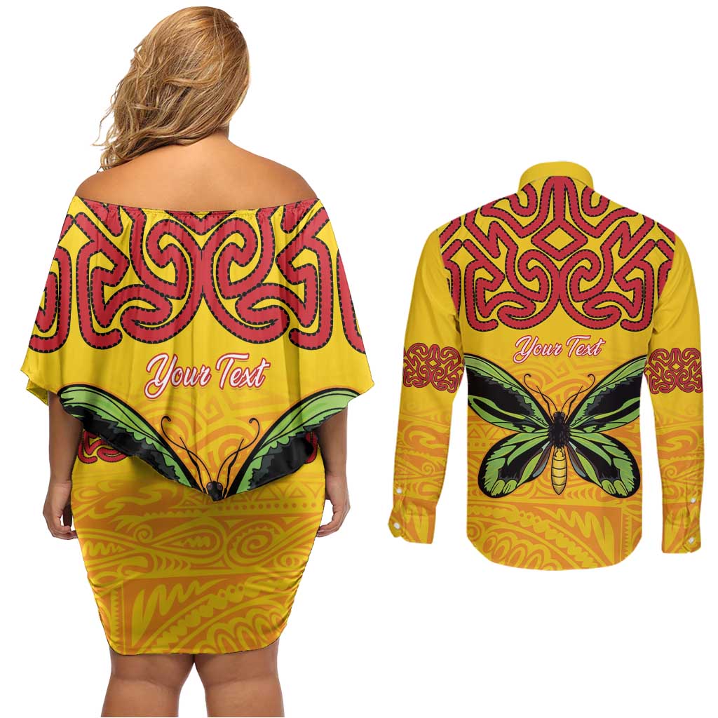 Personalised Tufi Tapa and Tattoo Festival Couples Matching Off Shoulder Short Dress and Long Sleeve Button Shirt PNG Oro Butterfly Tapa Pattern LT14 - Polynesian Pride