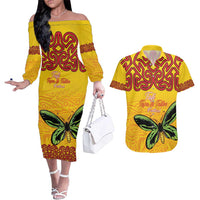 Personalised Tufi Tapa and Tattoo Festival Couples Matching Off The Shoulder Long Sleeve Dress and Hawaiian Shirt PNG Oro Butterfly Tapa Pattern LT14 Yellow - Polynesian Pride