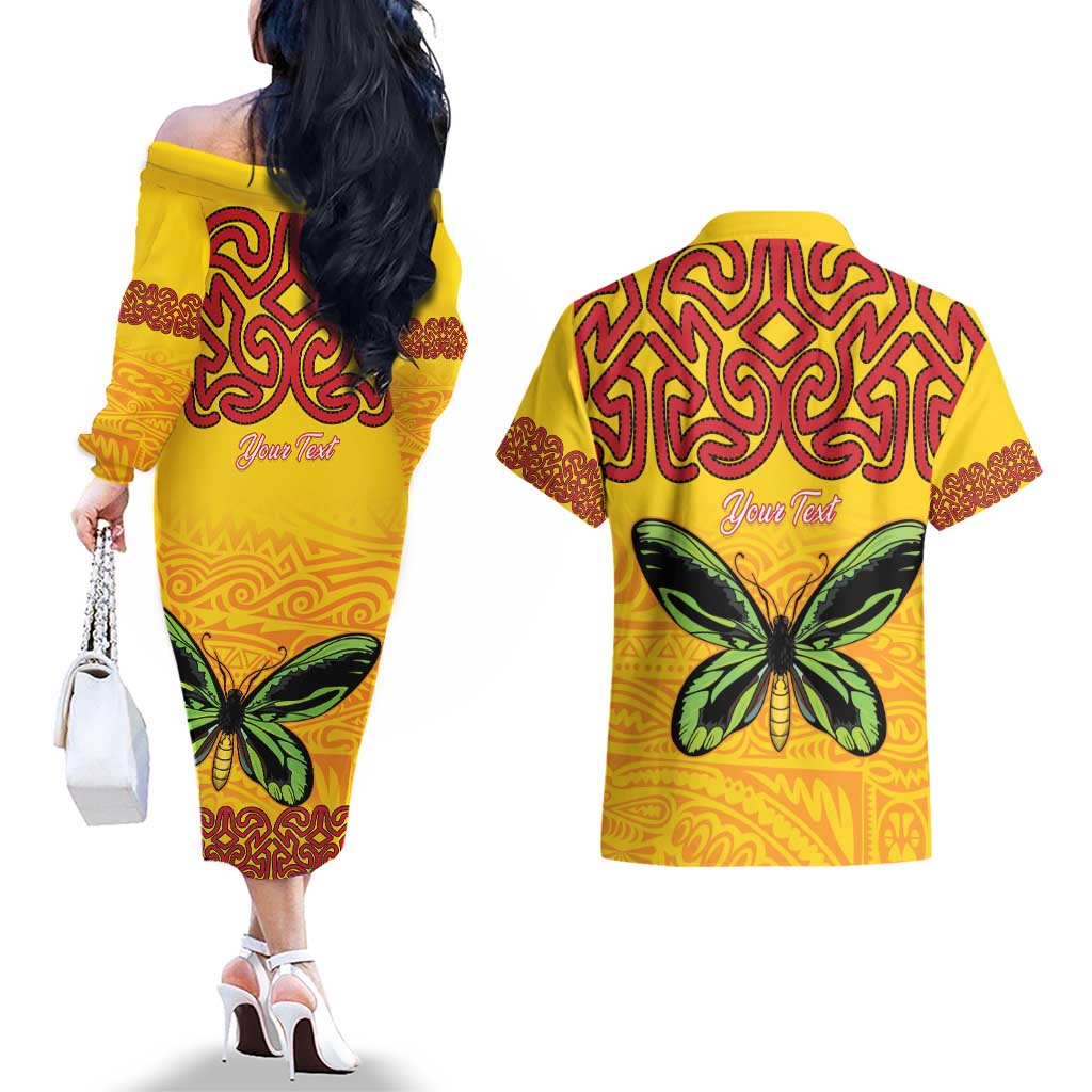 Personalised Tufi Tapa and Tattoo Festival Couples Matching Off The Shoulder Long Sleeve Dress and Hawaiian Shirt PNG Oro Butterfly Tapa Pattern LT14 - Polynesian Pride