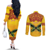 Personalised Tufi Tapa and Tattoo Festival Couples Matching Off The Shoulder Long Sleeve Dress and Long Sleeve Button Shirt PNG Oro Butterfly Tapa Pattern LT14 - Polynesian Pride