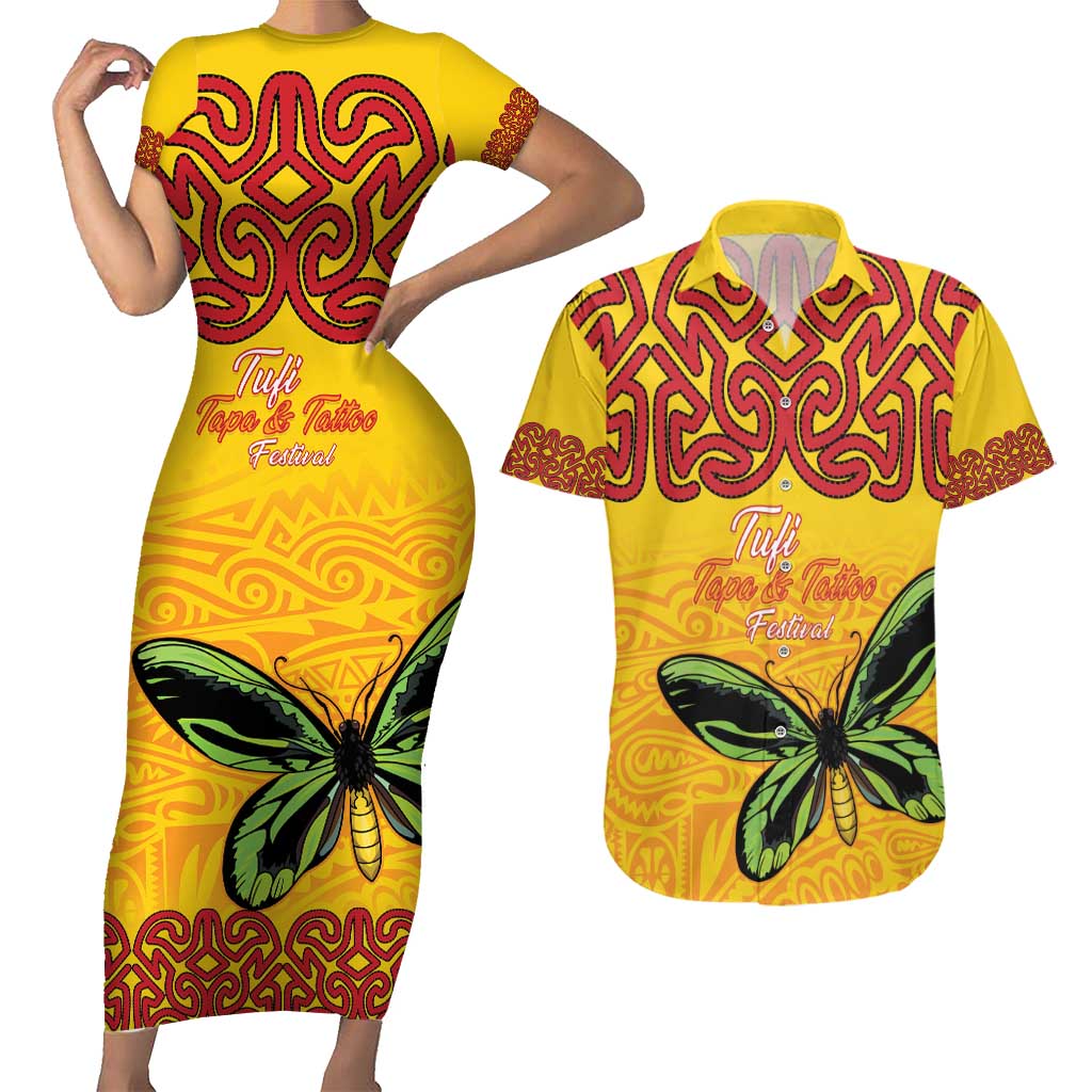 Personalised Tufi Tapa and Tattoo Festival Couples Matching Short Sleeve Bodycon Dress and Hawaiian Shirt PNG Oro Butterfly Tapa Pattern LT14 Yellow - Polynesian Pride