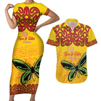 Personalised Tufi Tapa and Tattoo Festival Couples Matching Short Sleeve Bodycon Dress and Hawaiian Shirt PNG Oro Butterfly Tapa Pattern LT14 Yellow - Polynesian Pride