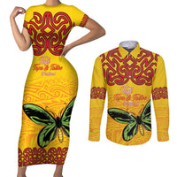 Personalised Tufi Tapa and Tattoo Festival Couples Matching Short Sleeve Bodycon Dress and Long Sleeve Button Shirt PNG Oro Butterfly Tapa Pattern LT14 Yellow - Polynesian Pride