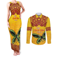 Personalised Tufi Tapa and Tattoo Festival Couples Matching Tank Maxi Dress and Long Sleeve Button Shirt PNG Oro Butterfly Tapa Pattern LT14 Yellow - Polynesian Pride