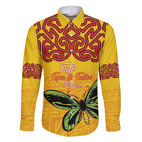 Personalised Tufi Tapa and Tattoo Festival Family Matching Off The Shoulder Long Sleeve Dress and Hawaiian Shirt PNG Oro Butterfly Tapa Pattern LT14 Dad's Shirt - Long Sleeve Yellow - Polynesian Pride