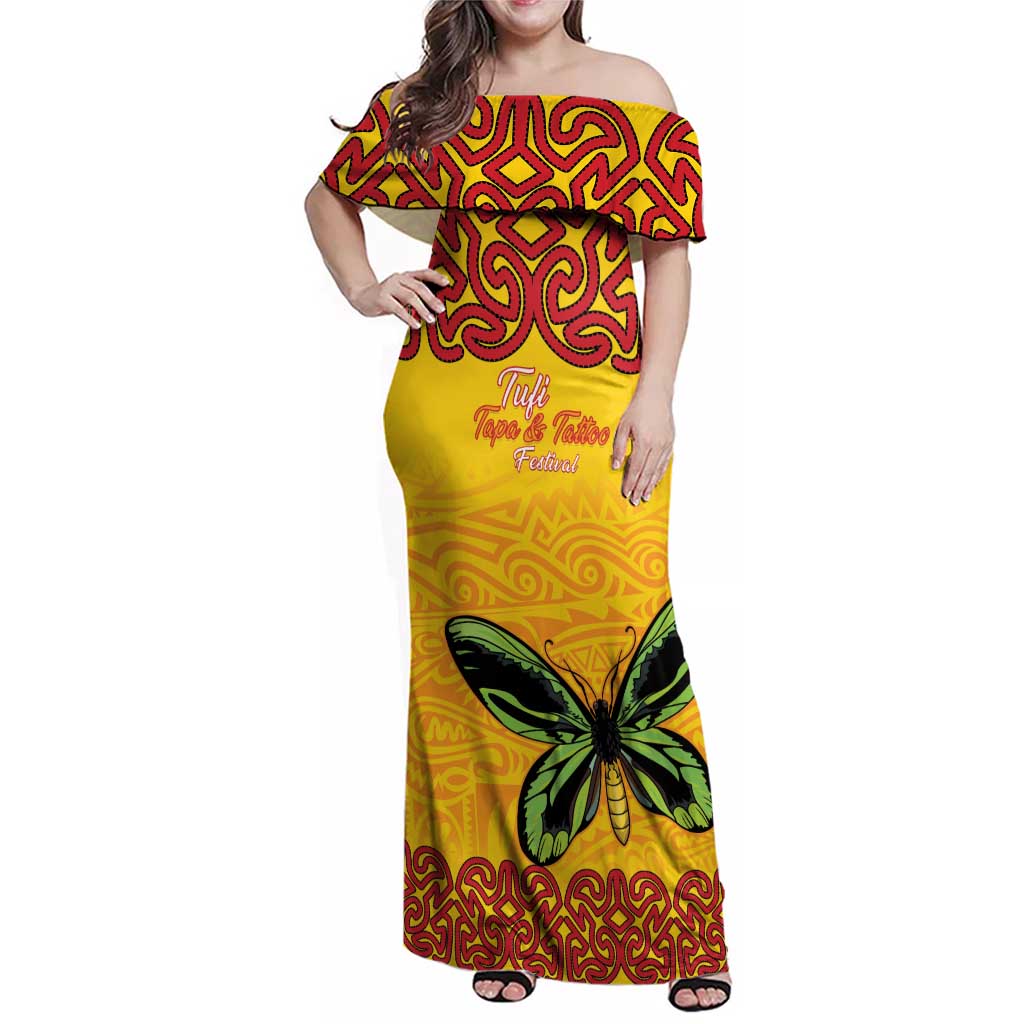 Personalised Tufi Tapa and Tattoo Festival Family Matching Off Shoulder Maxi Dress and Hawaiian Shirt PNG Oro Butterfly Tapa Pattern LT14 Mom's Dress Yellow - Polynesian Pride