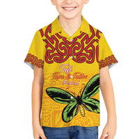 Personalised Tufi Tapa and Tattoo Festival Family Matching Off Shoulder Maxi Dress and Hawaiian Shirt PNG Oro Butterfly Tapa Pattern LT14 Son's Shirt Yellow - Polynesian Pride