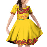 Personalised Tufi Tapa and Tattoo Festival Family Matching Off Shoulder Short Dress and Hawaiian Shirt PNG Oro Butterfly Tapa Pattern LT14 Daughter's Dress Yellow - Polynesian Pride