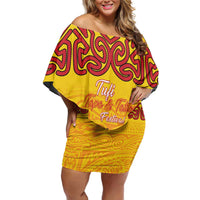 Personalised Tufi Tapa and Tattoo Festival Family Matching Off Shoulder Short Dress and Hawaiian Shirt PNG Oro Butterfly Tapa Pattern LT14 Mom's Dress Yellow - Polynesian Pride