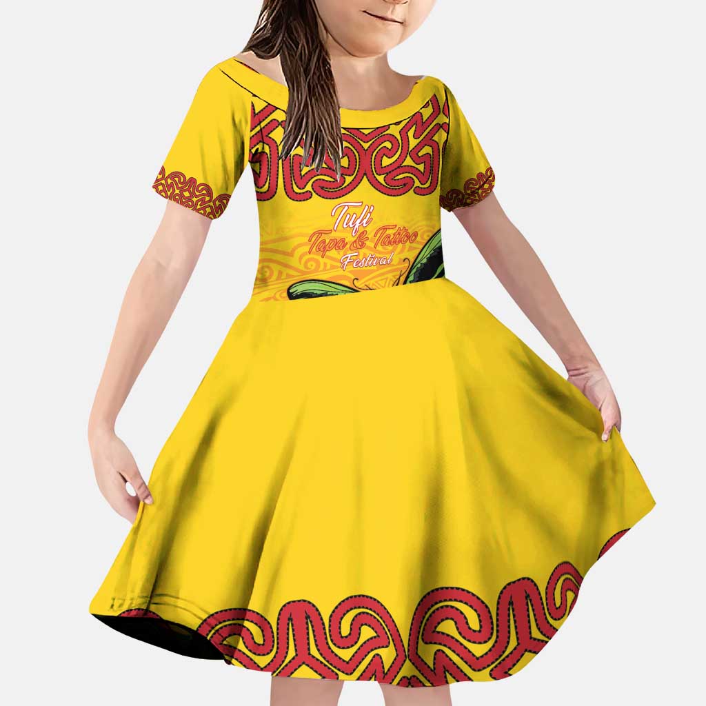 Personalised Tufi Tapa and Tattoo Festival Family Matching Puletasi and Hawaiian Shirt PNG Oro Butterfly Tapa Pattern LT14 Daughter's Dress Yellow - Polynesian Pride
