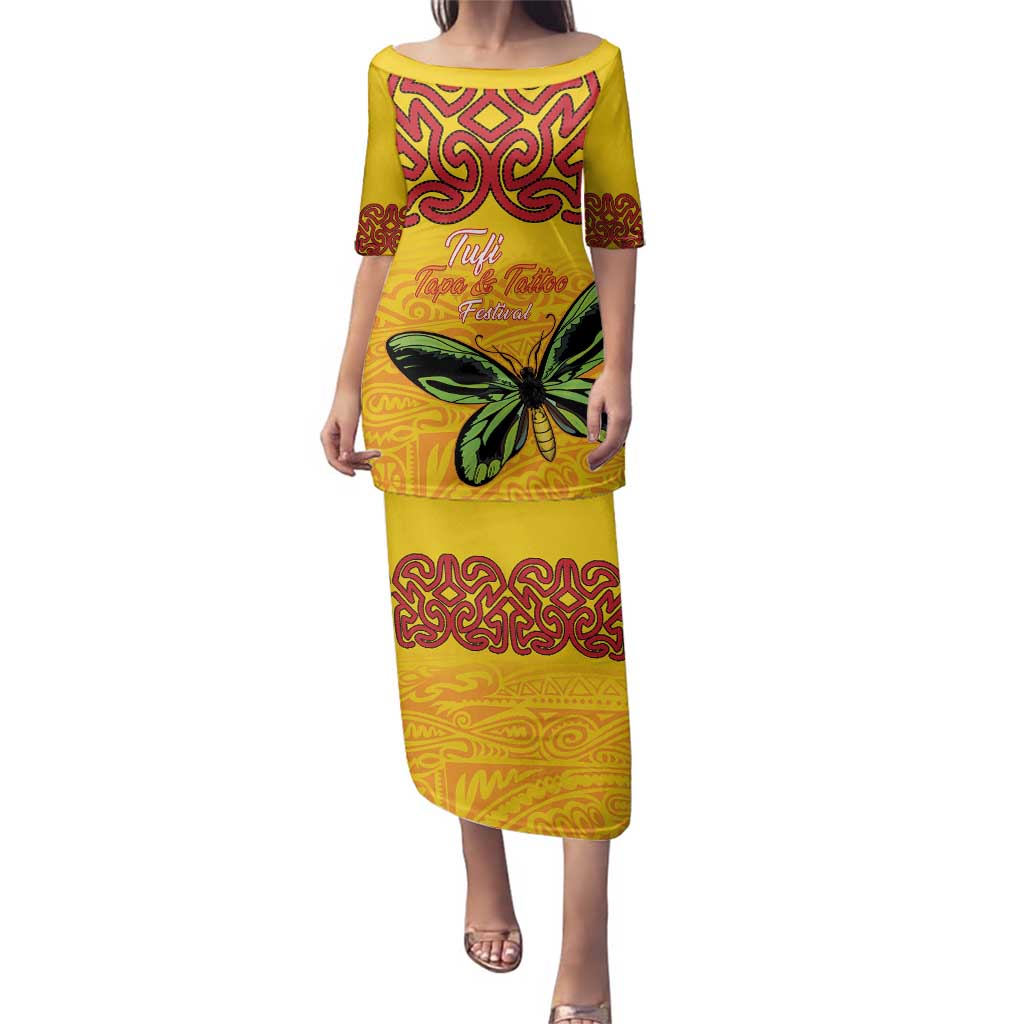 Personalised Tufi Tapa and Tattoo Festival Family Matching Puletasi and Hawaiian Shirt PNG Oro Butterfly Tapa Pattern LT14 Mom's Dress Yellow - Polynesian Pride