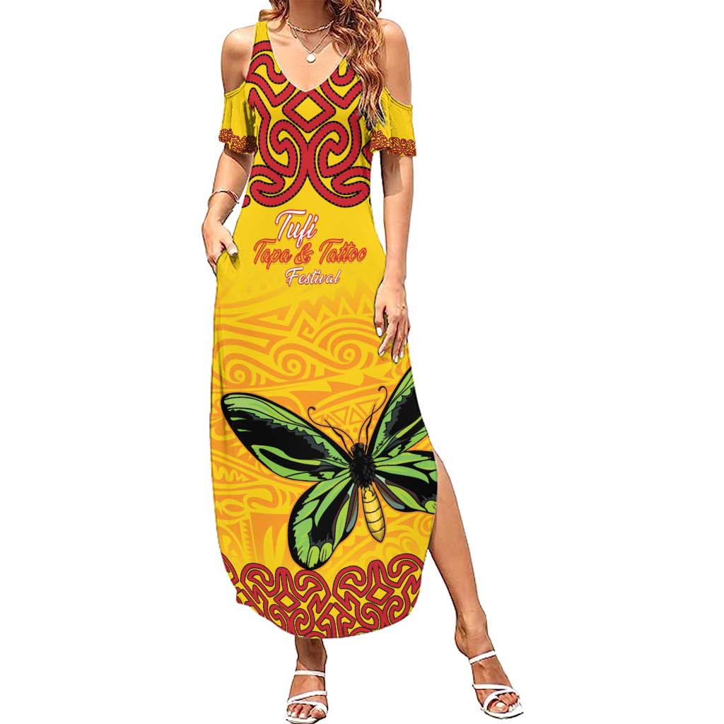 Personalised Tufi Tapa and Tattoo Festival Family Matching Summer Maxi Dress and Hawaiian Shirt PNG Oro Butterfly Tapa Pattern LT14 Mom's Dress Yellow - Polynesian Pride