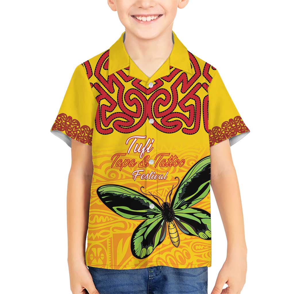 Personalised Tufi Tapa and Tattoo Festival Family Matching Summer Maxi Dress and Hawaiian Shirt PNG Oro Butterfly Tapa Pattern LT14 Son's Shirt Yellow - Polynesian Pride