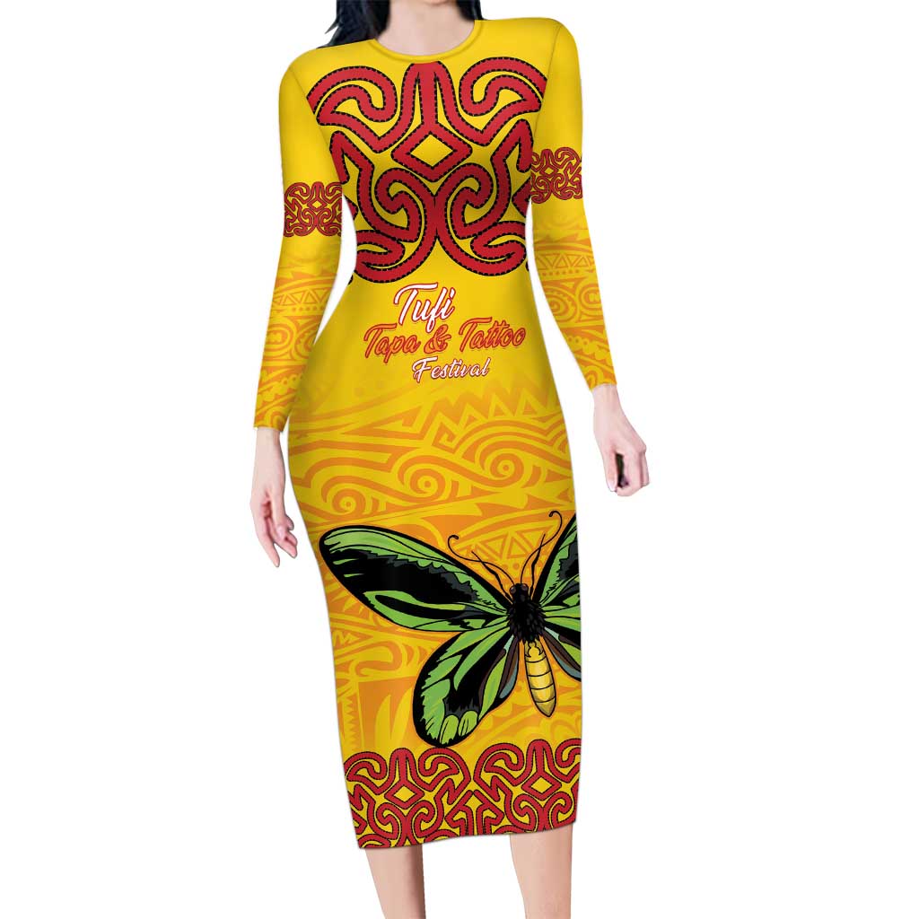 Personalised Tufi Tapa and Tattoo Festival Long Sleeve Bodycon Dress PNG Oro Butterfly Tapa Pattern LT14 Long Dress Yellow - Polynesian Pride