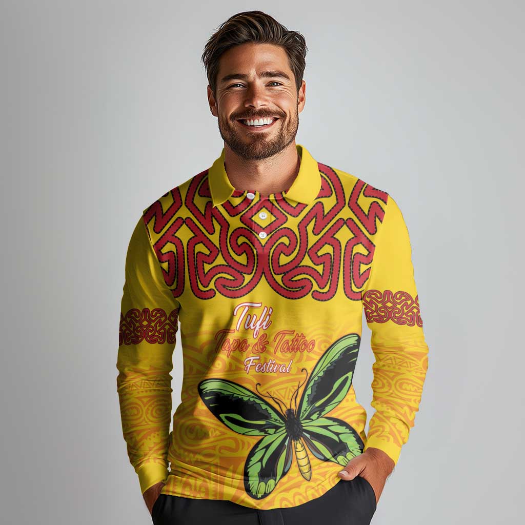Personalised Tufi Tapa and Tattoo Festival Long Sleeve Polo Shirt PNG Oro Butterfly Tapa Pattern LT14 - Polynesian Pride
