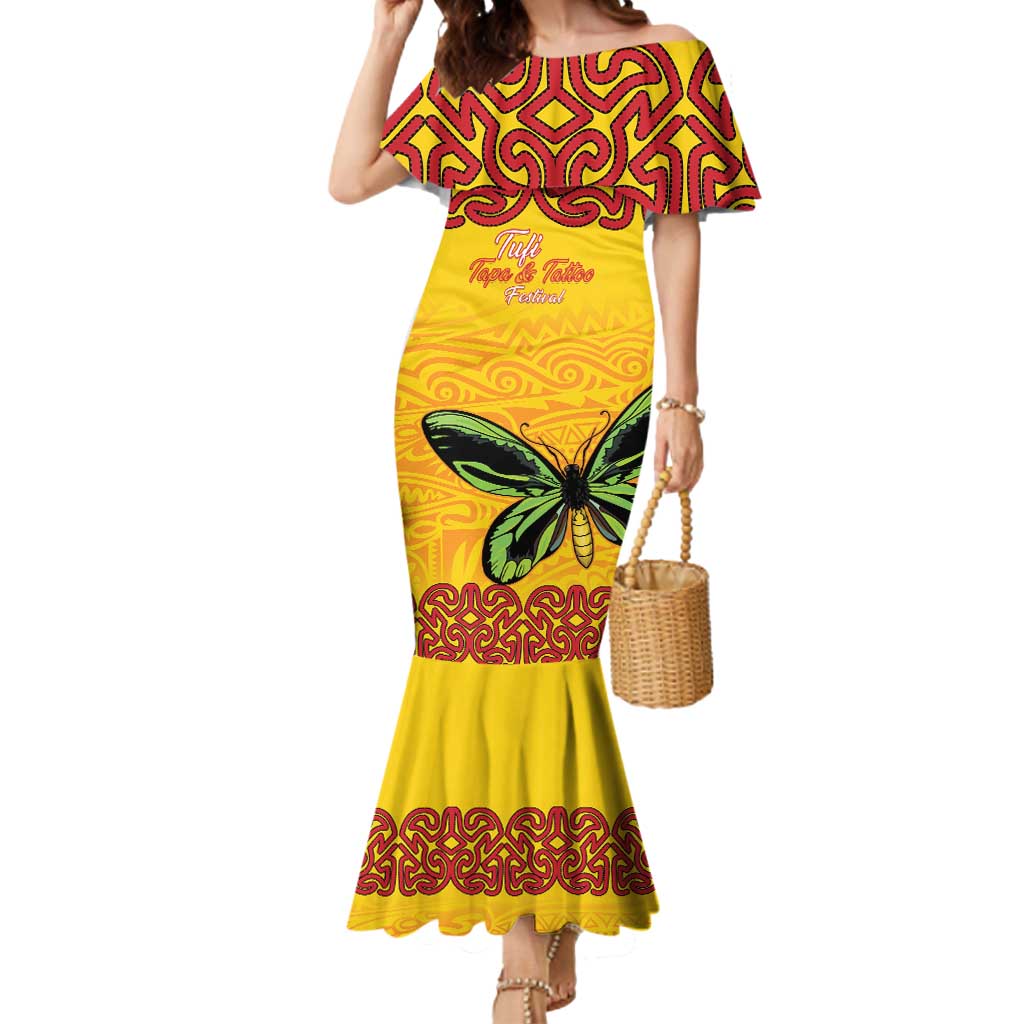 Personalised Tufi Tapa and Tattoo Festival Mermaid Dress PNG Oro Butterfly Tapa Pattern LT14 Women Yellow - Polynesian Pride