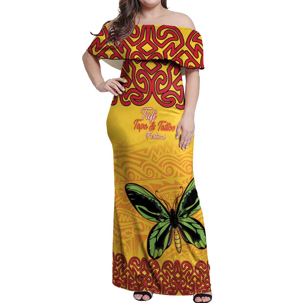 Personalised Tufi Tapa and Tattoo Festival Off Shoulder Maxi Dress PNG Oro Butterfly Tapa Pattern - Polynesian Pride