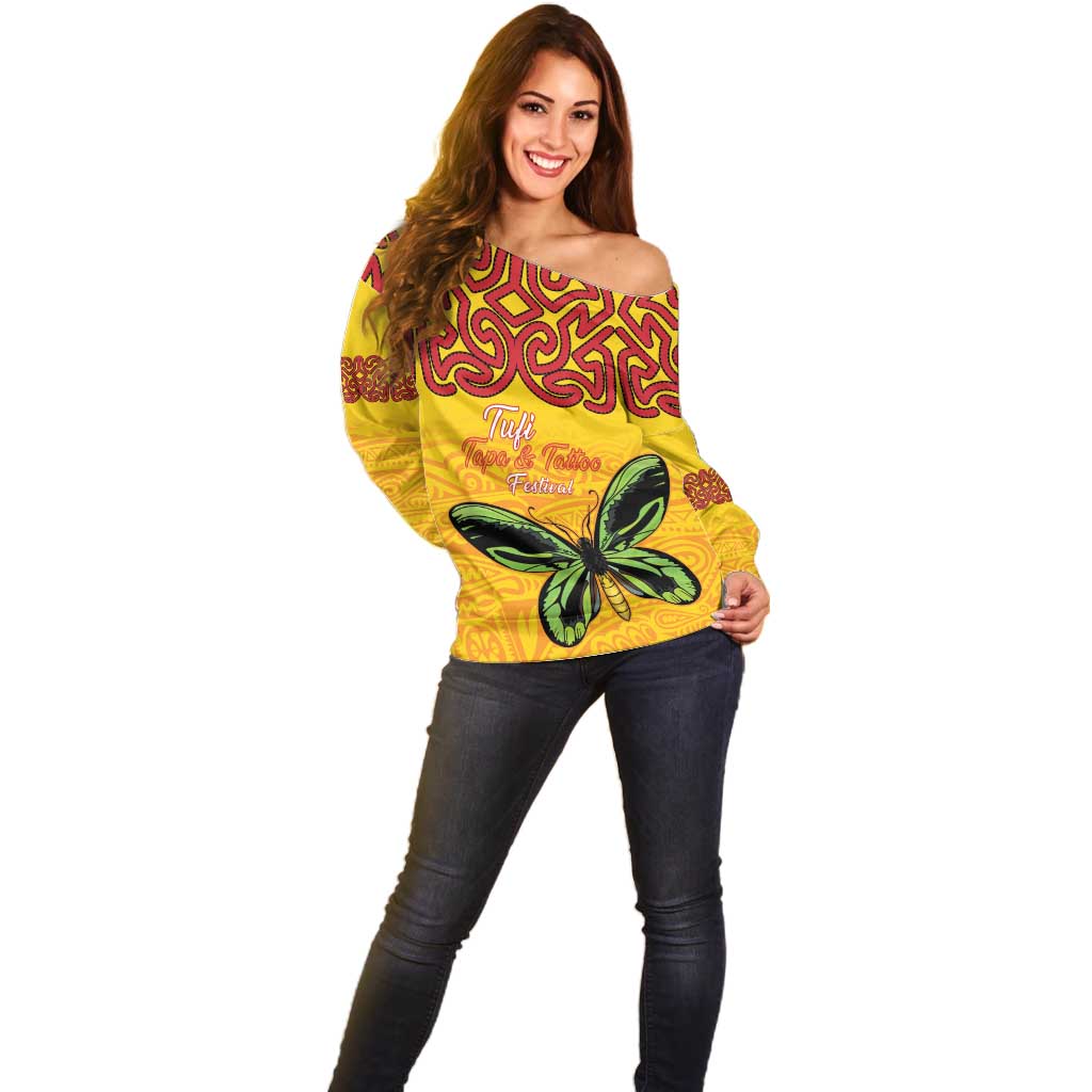 Personalised Tufi Tapa and Tattoo Festival Off Shoulder Sweater PNG Oro Butterfly Tapa Pattern - Polynesian Pride