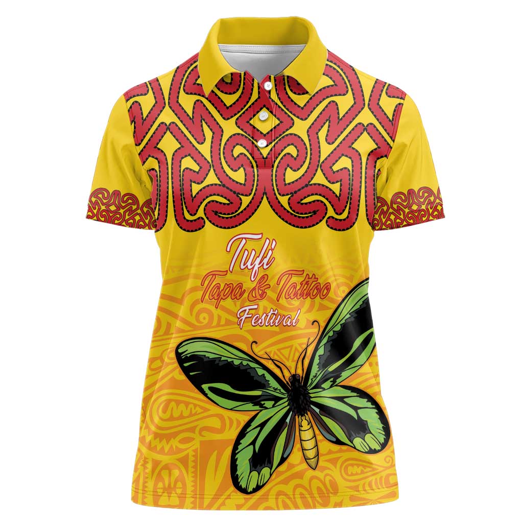 Personalised Tufi Tapa and Tattoo Festival Women Polo Shirt PNG Oro Butterfly Tapa Pattern LT14 Female Yellow - Polynesian Pride