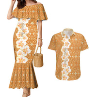 Personalised Tufi Tapa and Tattoo Festival Couples Matching Mermaid Dress and Hawaiian Shirt Oro Tapa Cloth With Plumeria LT14 Brown - Polynesian Pride