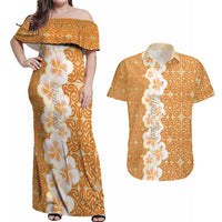 Personalised Tufi Tapa and Tattoo Festival Couples Matching Off Shoulder Maxi Dress and Hawaiian Shirt Oro Tapa Cloth With Plumeria LT14 Brown - Polynesian Pride