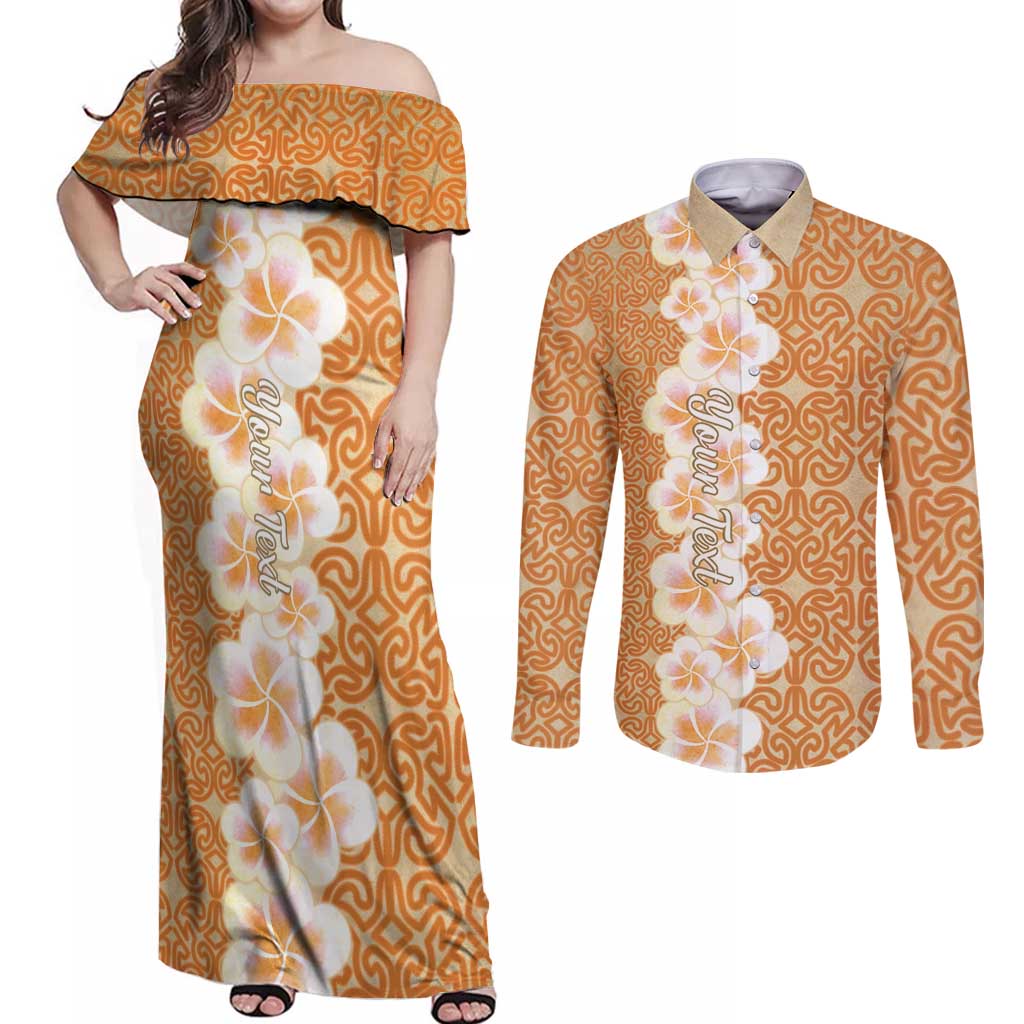 Personalised Tufi Tapa and Tattoo Festival Couples Matching Off Shoulder Maxi Dress and Long Sleeve Button Shirt Oro Tapa Cloth With Plumeria - Polynesian Pride