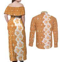 Personalised Tufi Tapa and Tattoo Festival Couples Matching Off Shoulder Maxi Dress and Long Sleeve Button Shirt Oro Tapa Cloth With Plumeria LT14 - Polynesian Pride