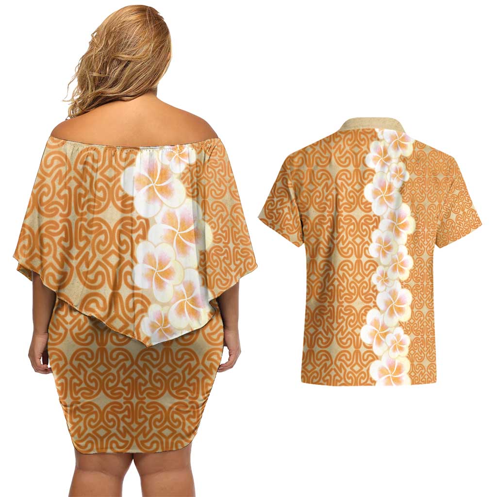 Personalised Tufi Tapa and Tattoo Festival Couples Matching Off Shoulder Short Dress and Hawaiian Shirt Oro Tapa Cloth With Plumeria LT14 - Polynesian Pride
