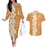 Personalised Tufi Tapa and Tattoo Festival Couples Matching Off The Shoulder Long Sleeve Dress and Hawaiian Shirt Oro Tapa Cloth With Plumeria LT14 Brown - Polynesian Pride