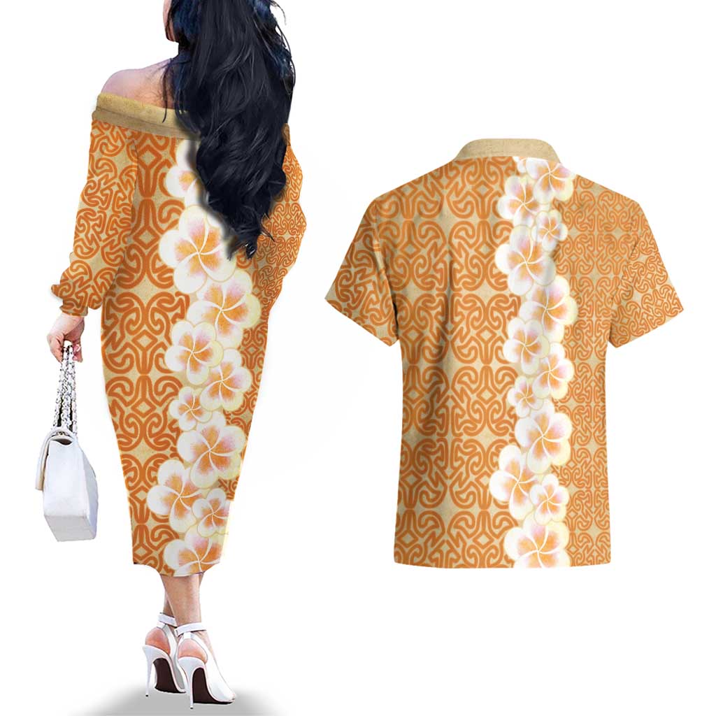 Personalised Tufi Tapa and Tattoo Festival Couples Matching Off The Shoulder Long Sleeve Dress and Hawaiian Shirt Oro Tapa Cloth With Plumeria LT14 - Polynesian Pride