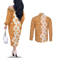 Personalised Tufi Tapa and Tattoo Festival Couples Matching Off The Shoulder Long Sleeve Dress and Long Sleeve Button Shirt Oro Tapa Cloth With Plumeria LT14 - Polynesian Pride