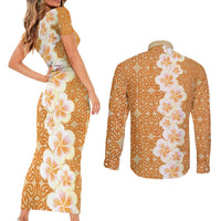 Personalised Tufi Tapa and Tattoo Festival Couples Matching Short Sleeve Bodycon Dress and Long Sleeve Button Shirt Oro Tapa Cloth With Plumeria LT14 - Polynesian Pride