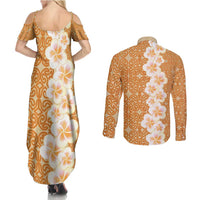 Personalised Tufi Tapa and Tattoo Festival Couples Matching Summer Maxi Dress and Long Sleeve Button Shirt Oro Tapa Cloth With Plumeria LT14 - Polynesian Pride