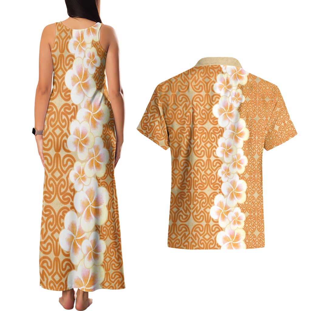Personalised Tufi Tapa and Tattoo Festival Couples Matching Tank Maxi Dress and Hawaiian Shirt Oro Tapa Cloth With Plumeria LT14 - Polynesian Pride