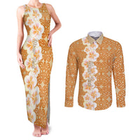Personalised Tufi Tapa and Tattoo Festival Couples Matching Tank Maxi Dress and Long Sleeve Button Shirt Oro Tapa Cloth With Plumeria LT14 Brown - Polynesian Pride