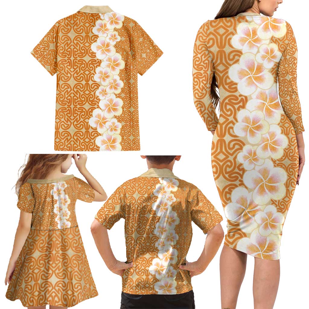 Personalised Tufi Tapa and Tattoo Festival Family Matching Long Sleeve Bodycon Dress and Hawaiian Shirt Oro Tapa Cloth With Plumeria LT14 - Polynesian Pride