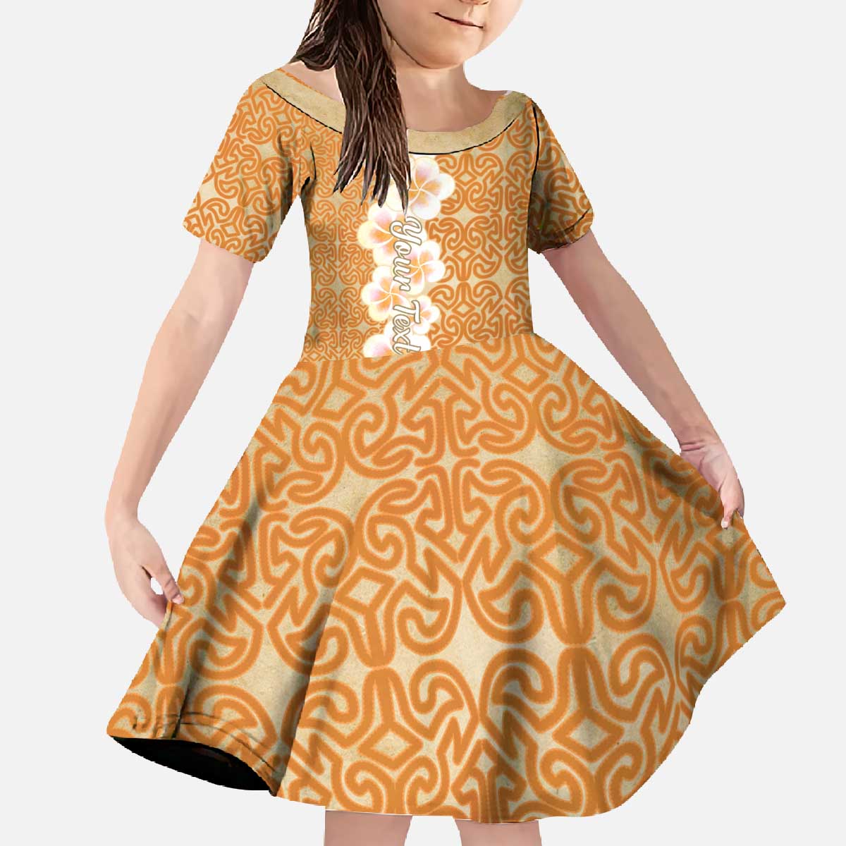 Personalised Tufi Tapa and Tattoo Festival Family Matching Off The Shoulder Long Sleeve Dress and Hawaiian Shirt Oro Tapa Cloth With Plumeria LT14 Daughter's Dress Brown - Polynesian Pride