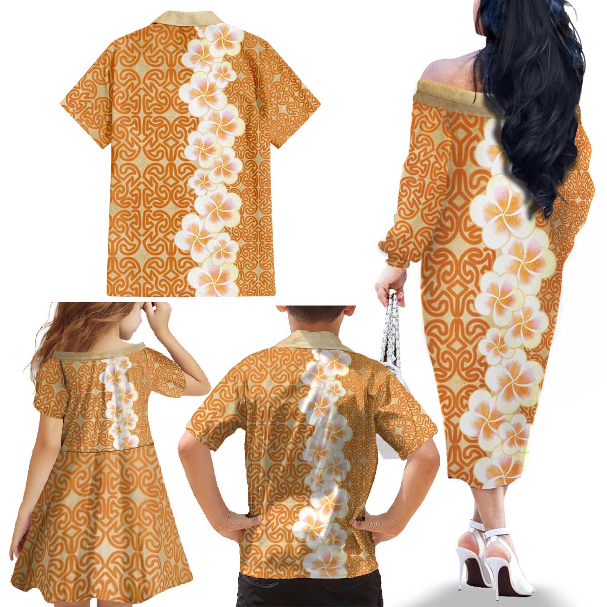 Personalised Tufi Tapa and Tattoo Festival Family Matching Off The Shoulder Long Sleeve Dress and Hawaiian Shirt Oro Tapa Cloth With Plumeria LT14 - Polynesian Pride