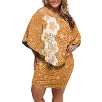 Personalised Tufi Tapa and Tattoo Festival Family Matching Off Shoulder Short Dress and Hawaiian Shirt Oro Tapa Cloth With Plumeria LT14 Mom's Dress Brown - Polynesian Pride