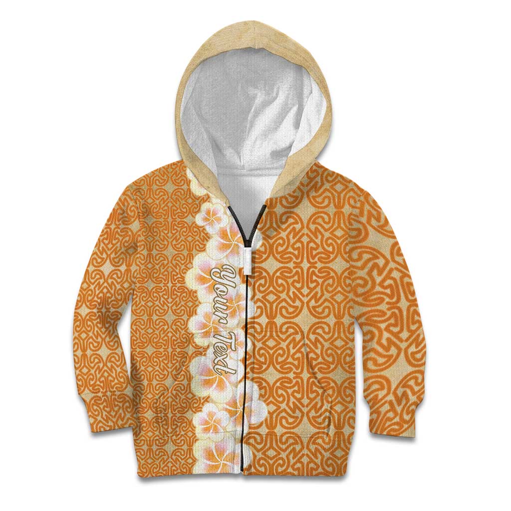 Personalised Tufi Tapa and Tattoo Festival Kid Hoodie Oro Tapa Cloth With Plumeria LT14 Zip Hoodie Brown - Polynesian Pride