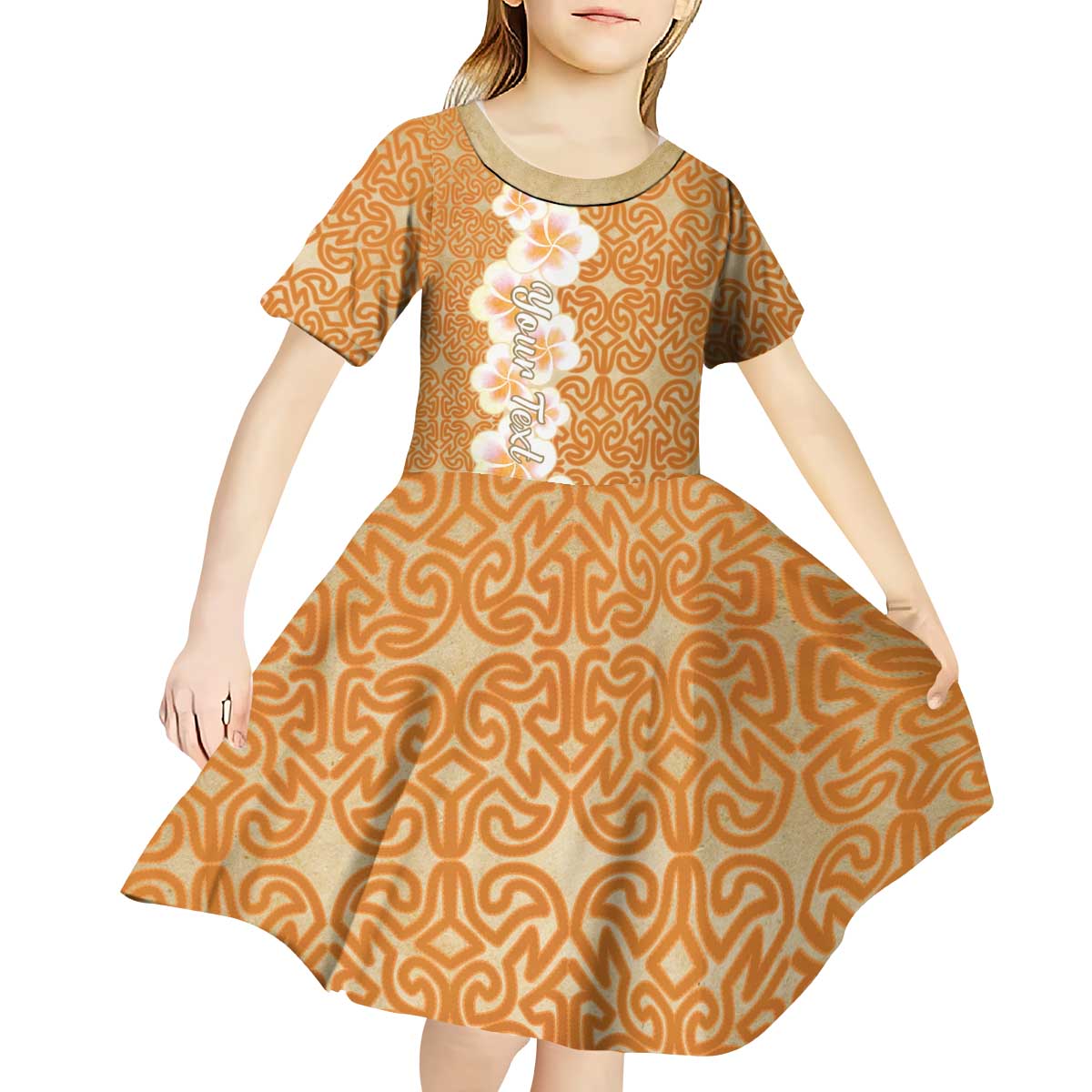 Personalised Tufi Tapa and Tattoo Festival Kid Short Sleeve Dress Oro Tapa Cloth With Plumeria LT14 - Polynesian Pride